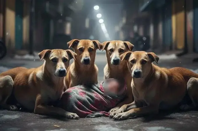 കൊടും തണുപ്പിൽ ഒരു രാത്രി മുഴുവൻ നായകൾ ചോരകുഞ്ഞിന് കാവലായ് നിന്നു, പ്രകൃതി ഈ കാഴ്ചക്ക് സാക്ഷിയായി