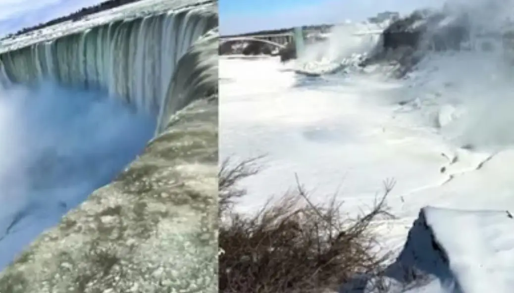 ലോകത്തെ അതിശയിപ്പിച്ച നയാഗ്ര വെള്ളച്ചാട്ടം തണുത്തുറഞ്ഞ് ഐസായി, പാറകളും മരങ്ങളും കല്ലുകളും മഞ്ഞിൽ മൂടി
