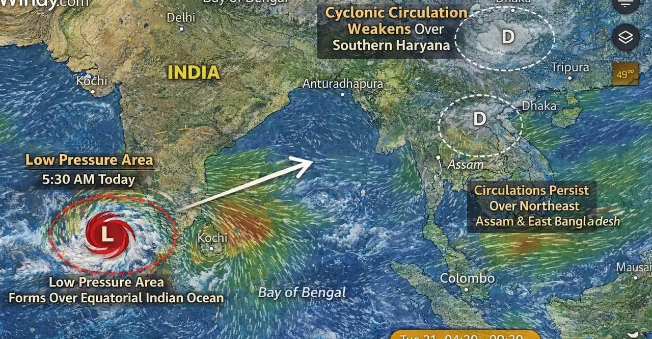 Influence of Cyclone, Low Pressure Area formed over Equatorial Indian Ocean this morning