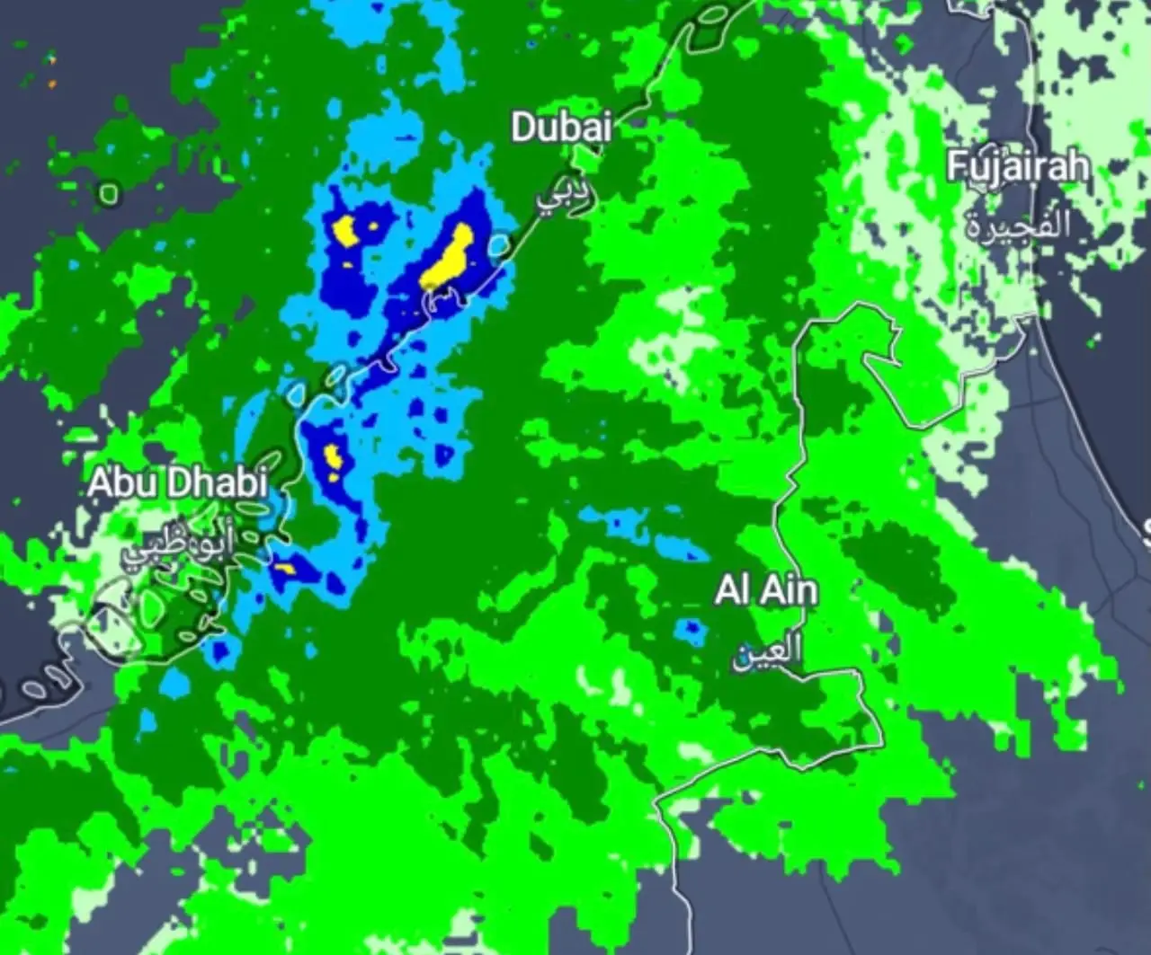 യുഎഇയിൽ കനത്ത മഴ; വരുന്ന മണിക്കൂറിൽ ദുബായ്–അബുദാബി മേഖലയിൽ ഇടിയോടുകൂടിയ ശക്തമായ മഴയ്ക്ക് സാധ്യത