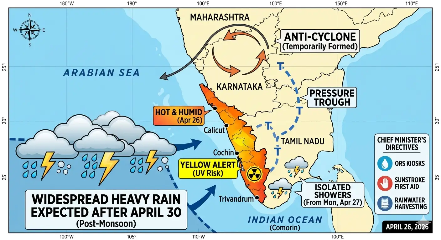 Weather 26/04/26 : എതിർ ചുഴലി വീണ്ടും രൂപപ്പെട്ടു, തിങ്കൾ മുതൽ ഒറ്റപ്പെട്ട മഴ, 30 ന് ശേഷം വ്യാപക മഴ