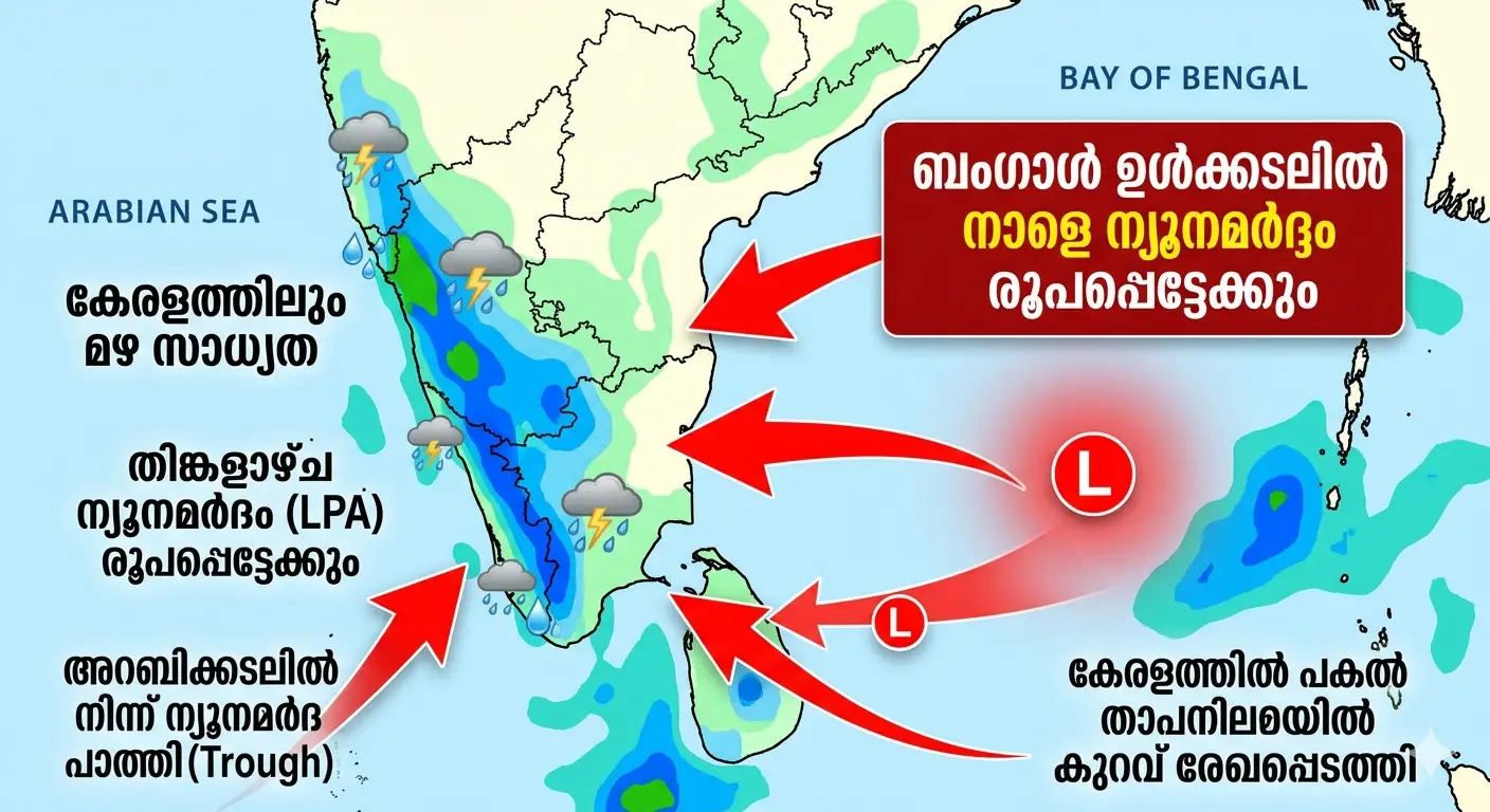 ബംഗാൾ ഉൾക്കടലിൽ നാളെ ന്യൂനമർദ്ദം രൂപപ്പെട്ടേക്കും , കേരളത്തിലും മഴ സാധ്യത