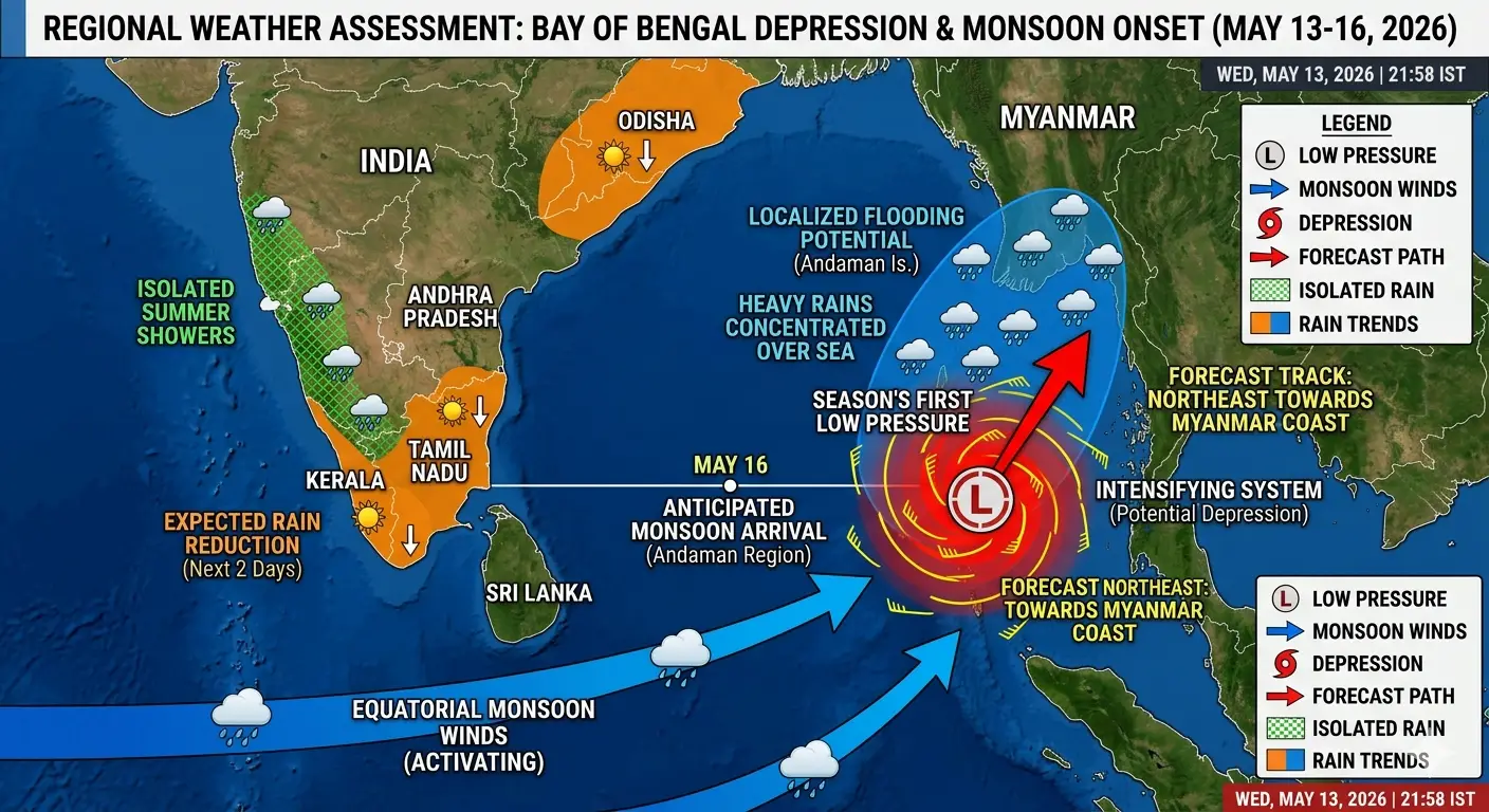 ന്യൂനമര്‍ദം മ്യാന്‍മറിലേക്ക്, 2 ദിവസം മഴ കുറയും, പക്ഷേ കാലവര്‍ഷത്തിന് അനുകൂലം