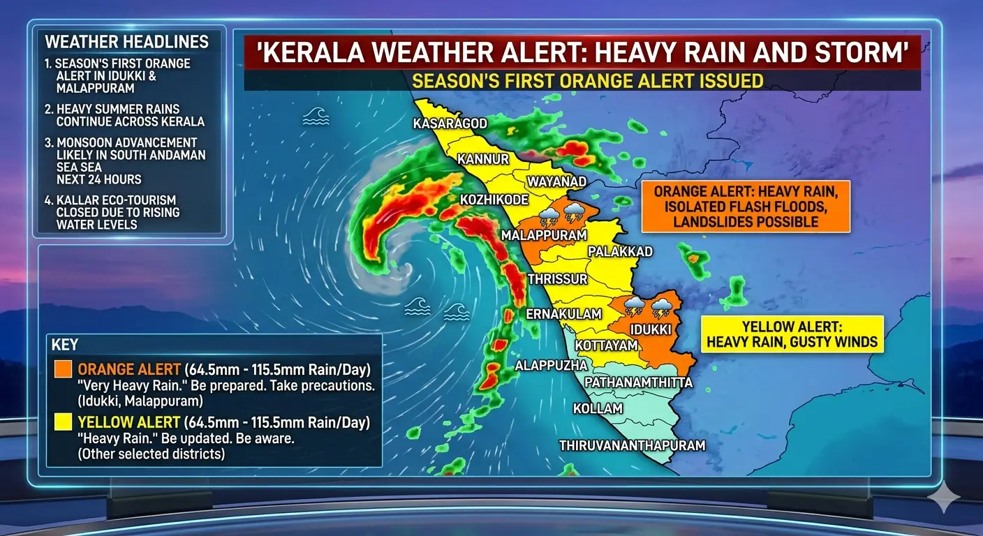വേനൽ മഴ : സീസണിലെ ആദ്യ ഓറഞ്ച് അലർട്ട് മലപ്പുറം, ഇടുക്കി ജില്ലകളിൽ