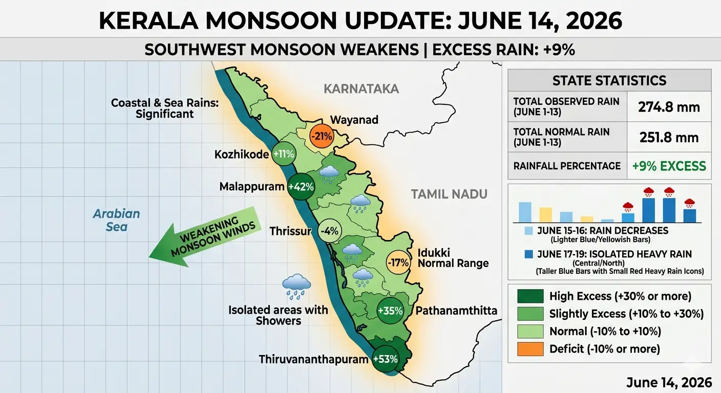 Kerala Weather Update 14/06/26  : ഇടവപ്പാതി തീരുന്നു, അധിക മഴ 9 % ആയി കുറഞ്ഞു