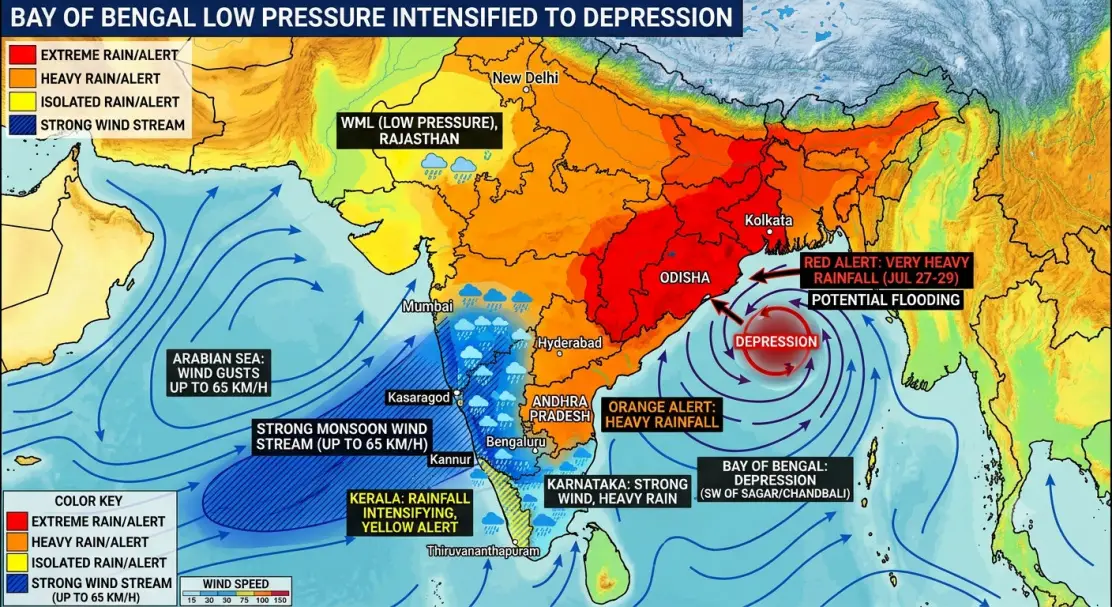 Low Pressure Update 26/07/26 : ന്യൂനമർദ്ദം തീവ്ര ന്യൂനമർദ്ദമായി, മഴ, കാറ്റ് മുന്നറിയിപ്പ്